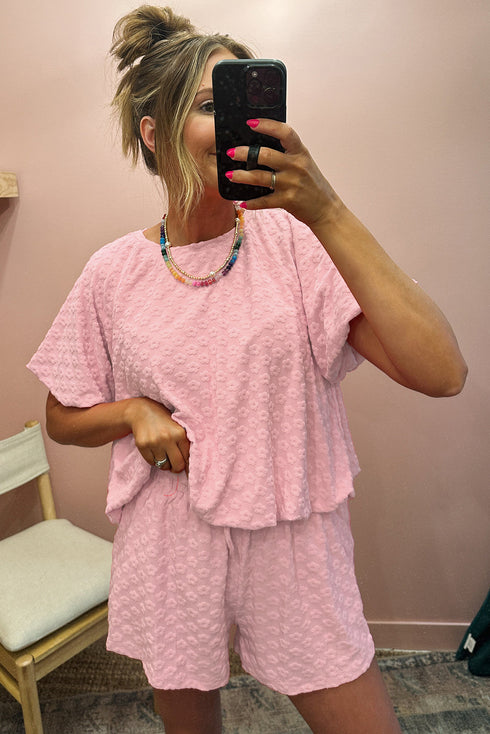 Sweet Daisy Jacquard Textured Knit Short Sleeve Top And Matching Shorts Set